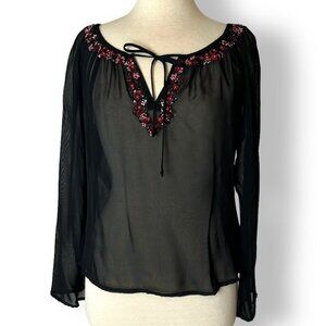 Karen Kane Sheer Black Top Red Pink Flower Embroidery Beads Sz S Long Sleeve